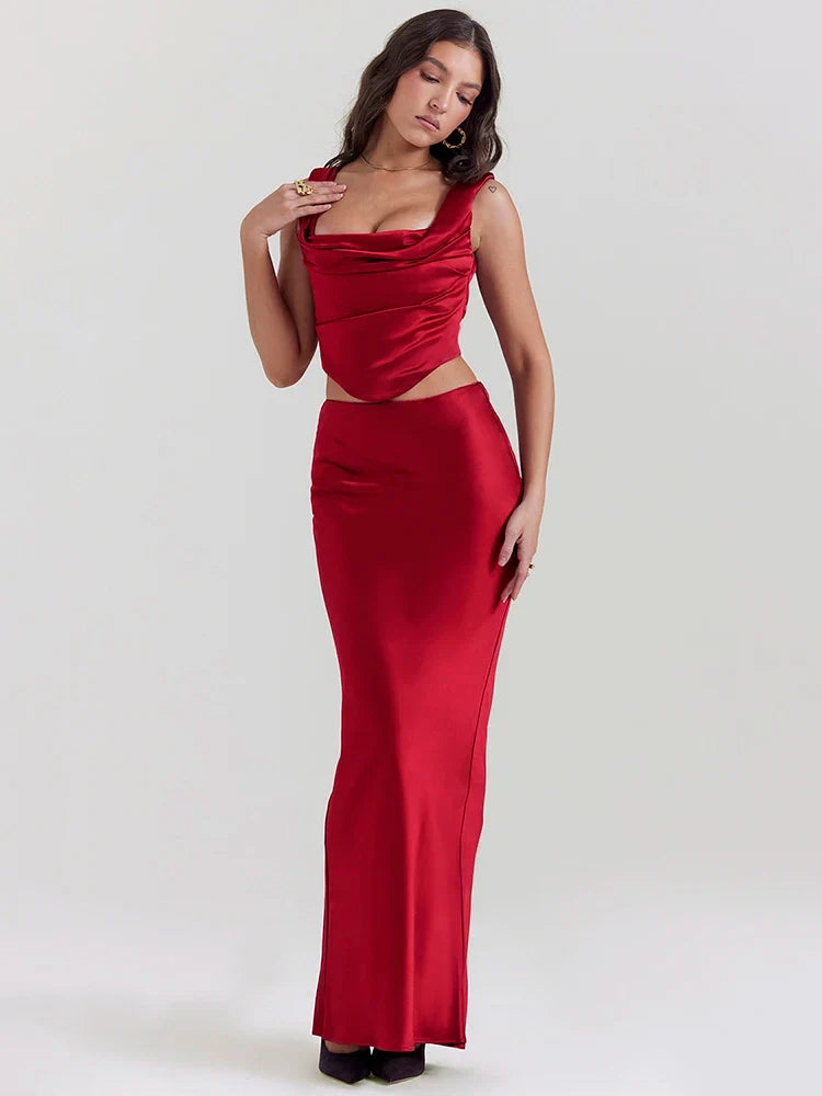 Satin Elegant Skirt Two Piece Set Women Sleeveless Backless Crop Tops And Long - Red / Xs
