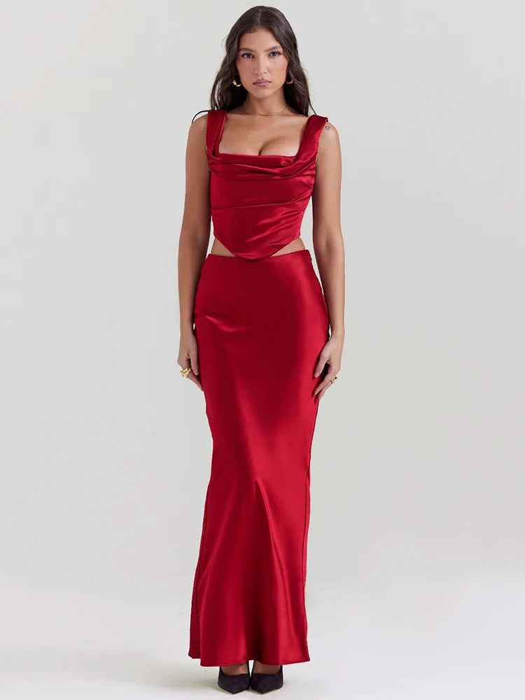 Satin Elegant Skirt Two Piece Set Women Sleeveless Backless Crop Tops And Long - Red / Xs