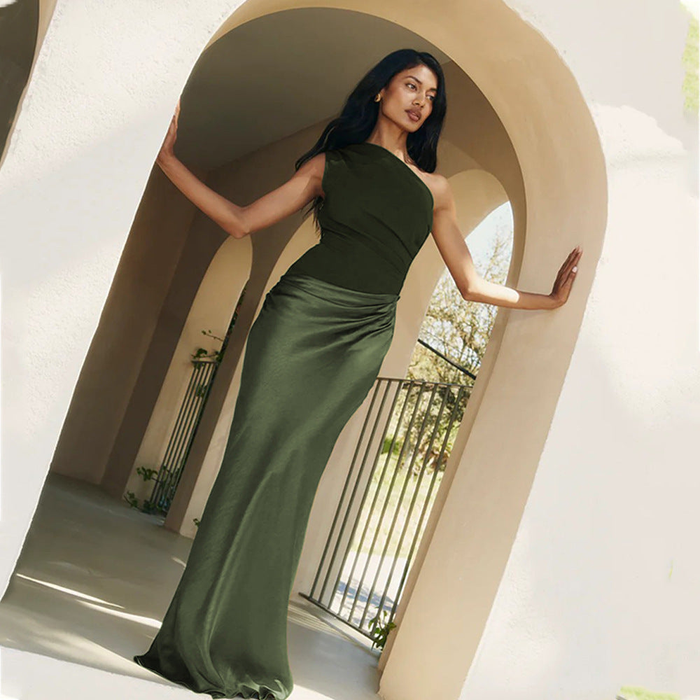 Satin Elegant Slim-fit One-shoulder Dress Sheath - Other