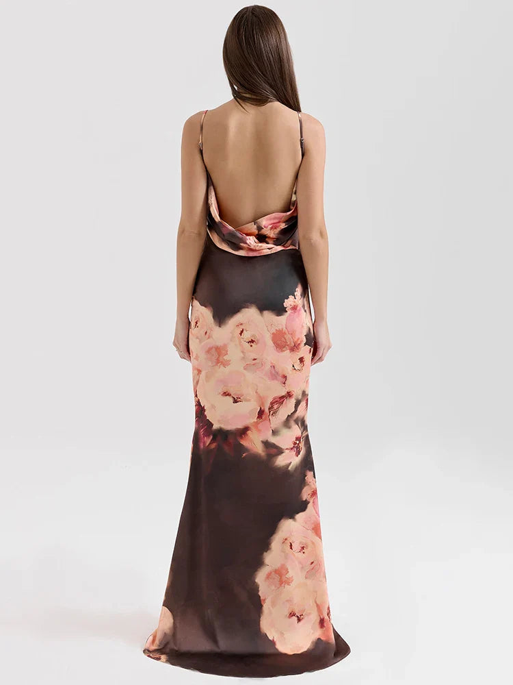Satin Floral Print Maxi Dress Women