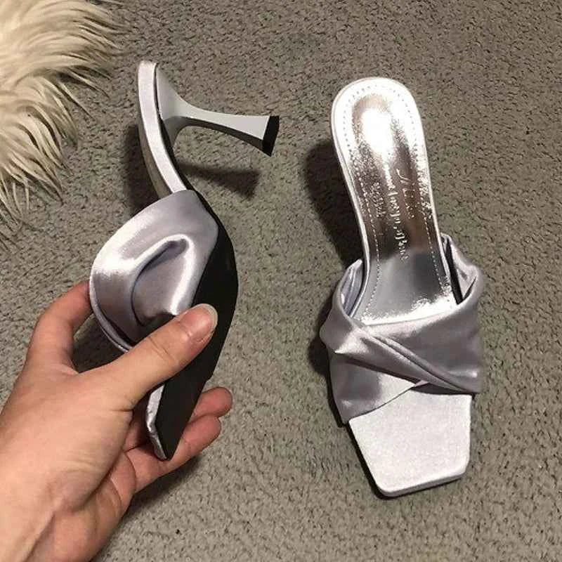 Satin  Slippers Women Square Toe High Heels