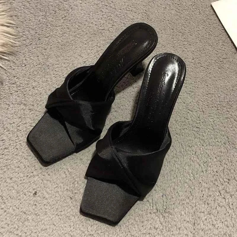 Satin  Slippers Women Square Toe High Heels