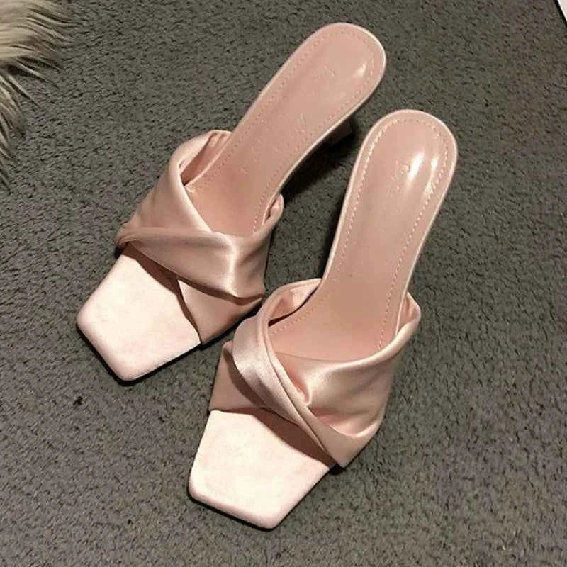 Satin  Slippers Women Square Toe High Heels