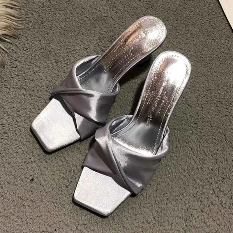 Satin  Slippers Women Square Toe High Heels