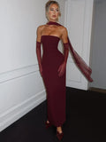 Scarf Collar Strapless Maxi Dress For Women - L / Burgundy - Other