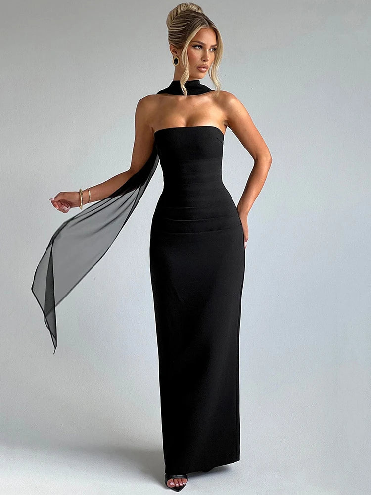 Scarf Collar Strapless Maxi Dress For Women - Other