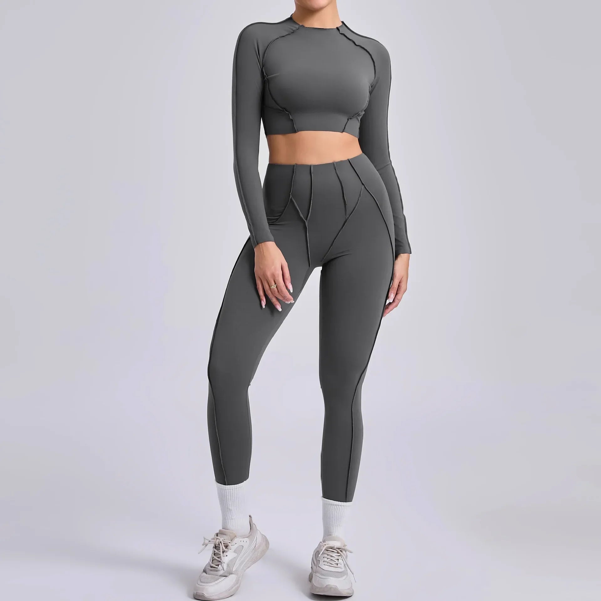Seamless Sets Sports Fitness Hip-lifting High Waist Pleated Pants Long-sleeved Suits Workout - carbon gray / L