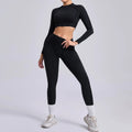 Seamless Sets Sports Fitness Hip-lifting High Waist Pleated Pants Long-sleeved Suits Workout - Black / M