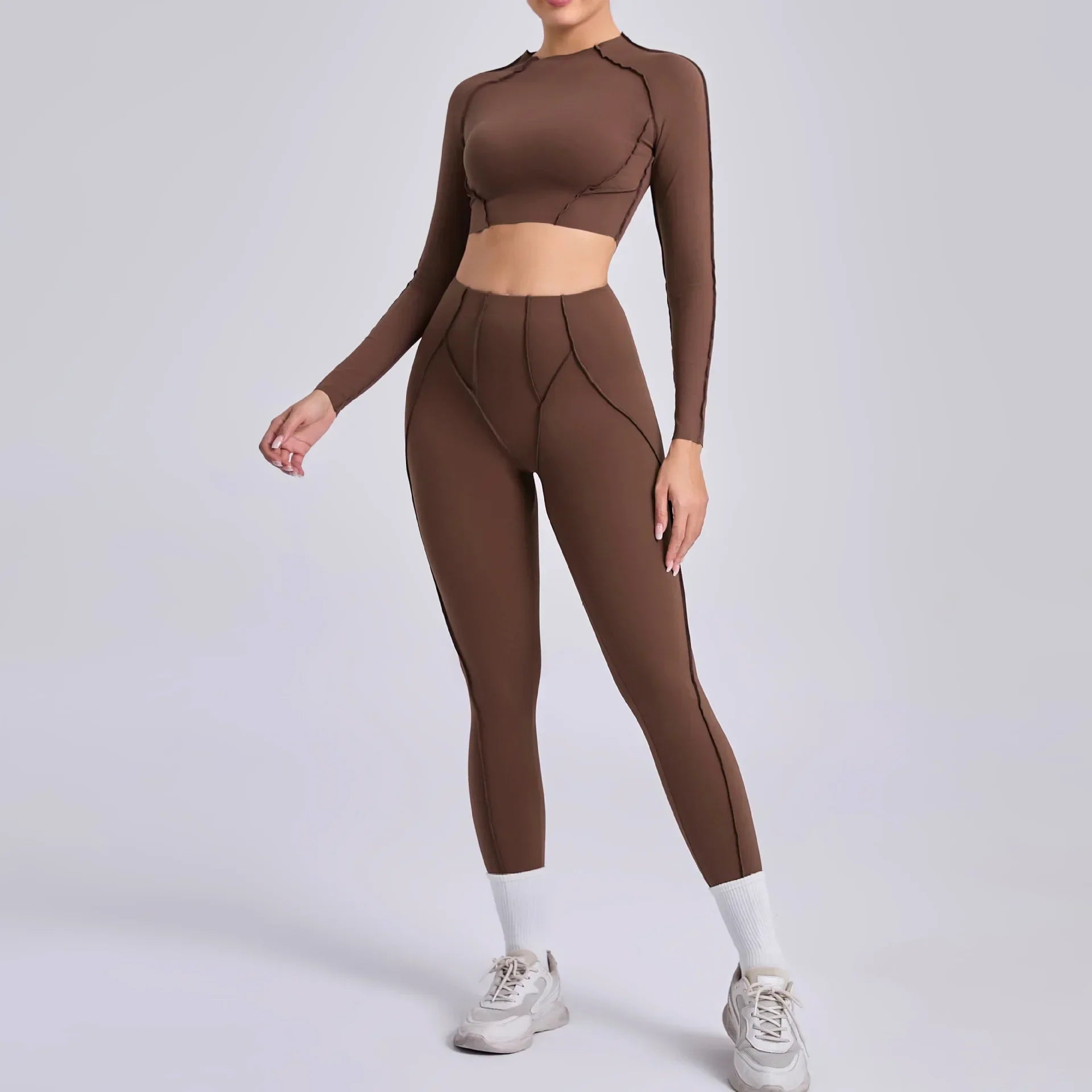 Seamless Sets Sports Fitness Hip-lifting High Waist Pleated Pants Long-sleeved Suits Workout - Dark Brown / L