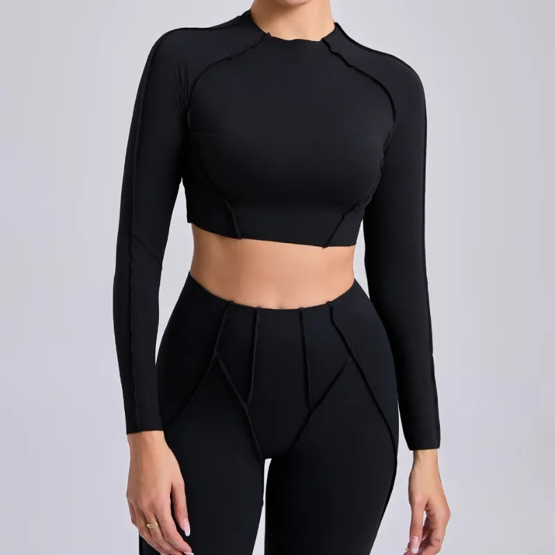 Seamless yoga long sleeve cropped top in light cream with matching leggings