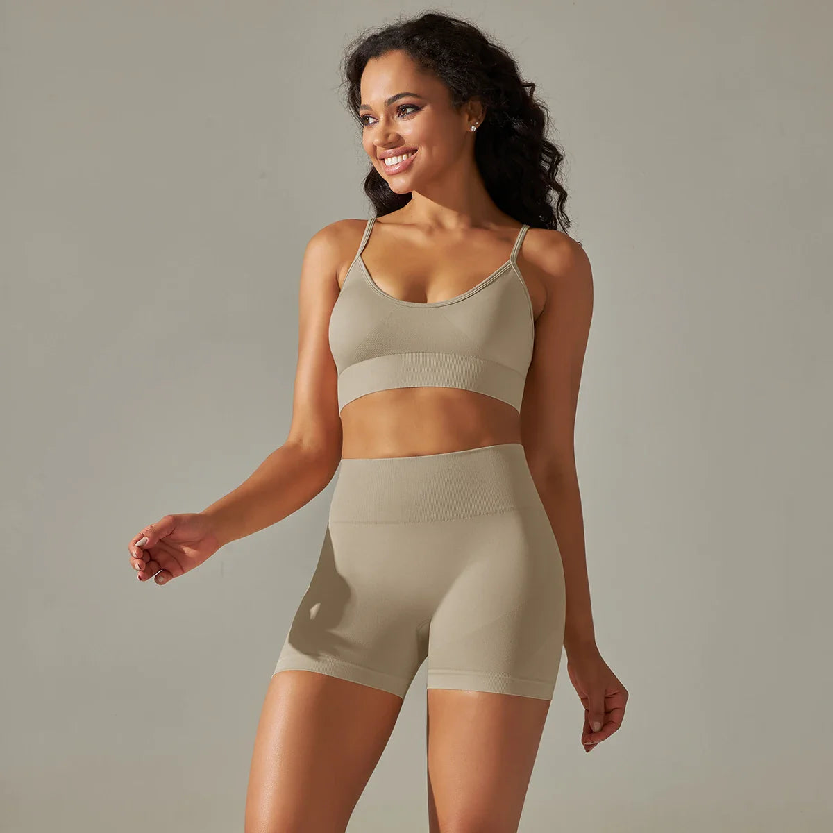 Seamless Yoga Set Camisole Bra Shorts - Beige / XL