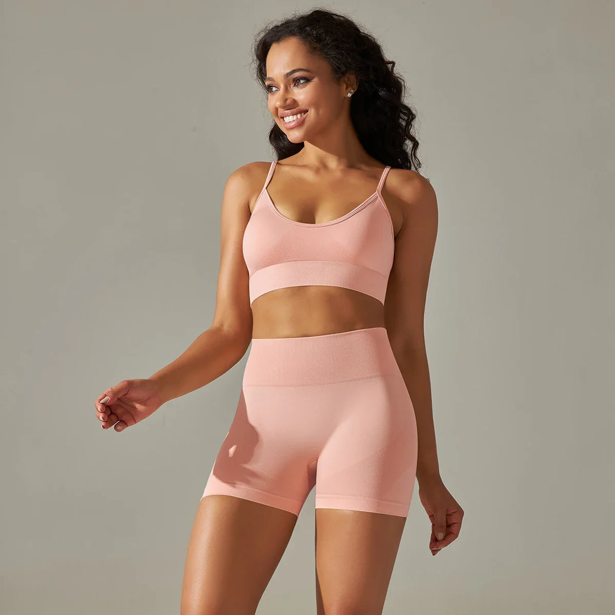 Seamless Yoga Set Camisole Bra Shorts - Light Pink / XL