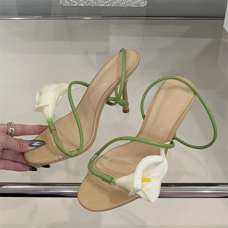 Sexy PVC Transparent Flower Narrow Band Women Sandals