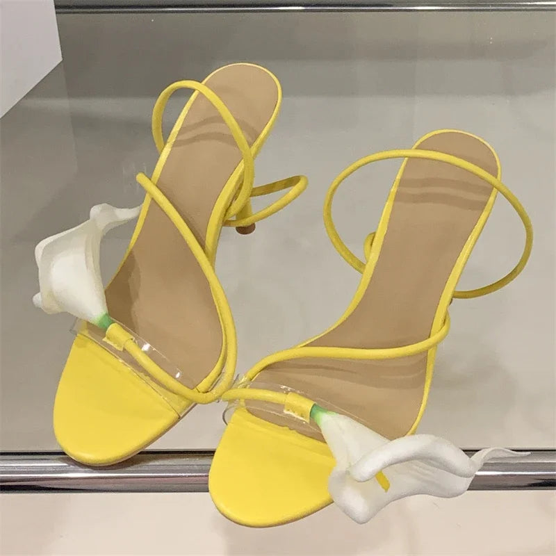 Sexy PVC Transparent Flower Narrow Band Women Sandals - Yellow / 38