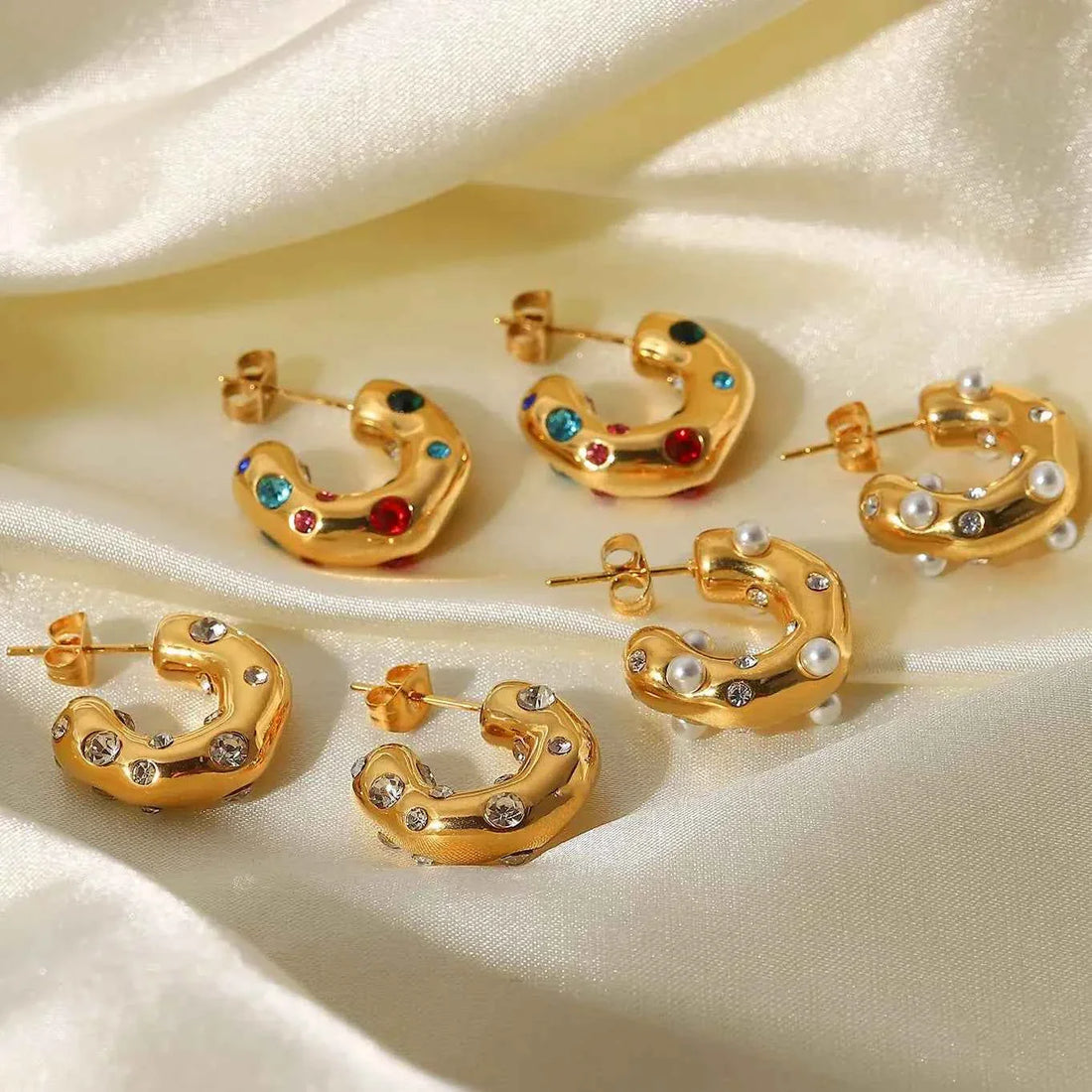 Shaped Hammer Shiny Zircon CC Shape Hoop Earrings Stainless Steel