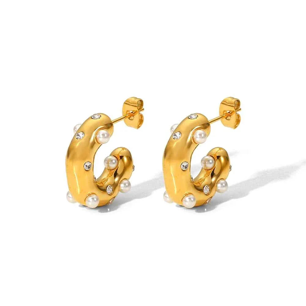 Shaped Hammer Shiny Zircon CC Shape Hoop Earrings Stainless Steel