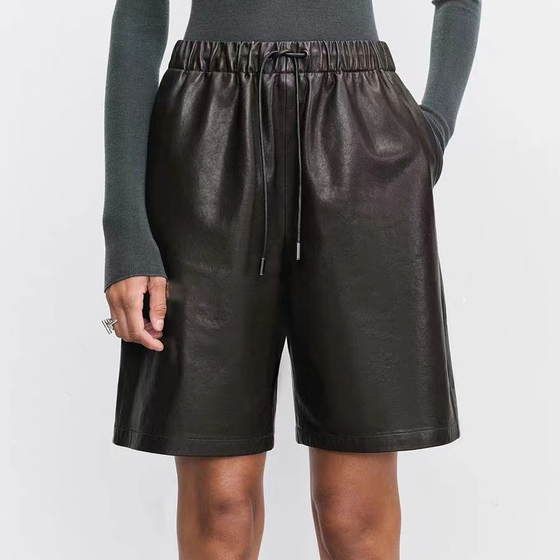 Sheepskin Elastic Waistband All-match Casual Straight-leg Leather Shorts Women - Other