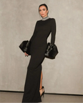 Shining Diamonds Neck Flare Sleeve Black Long Bandage Dress