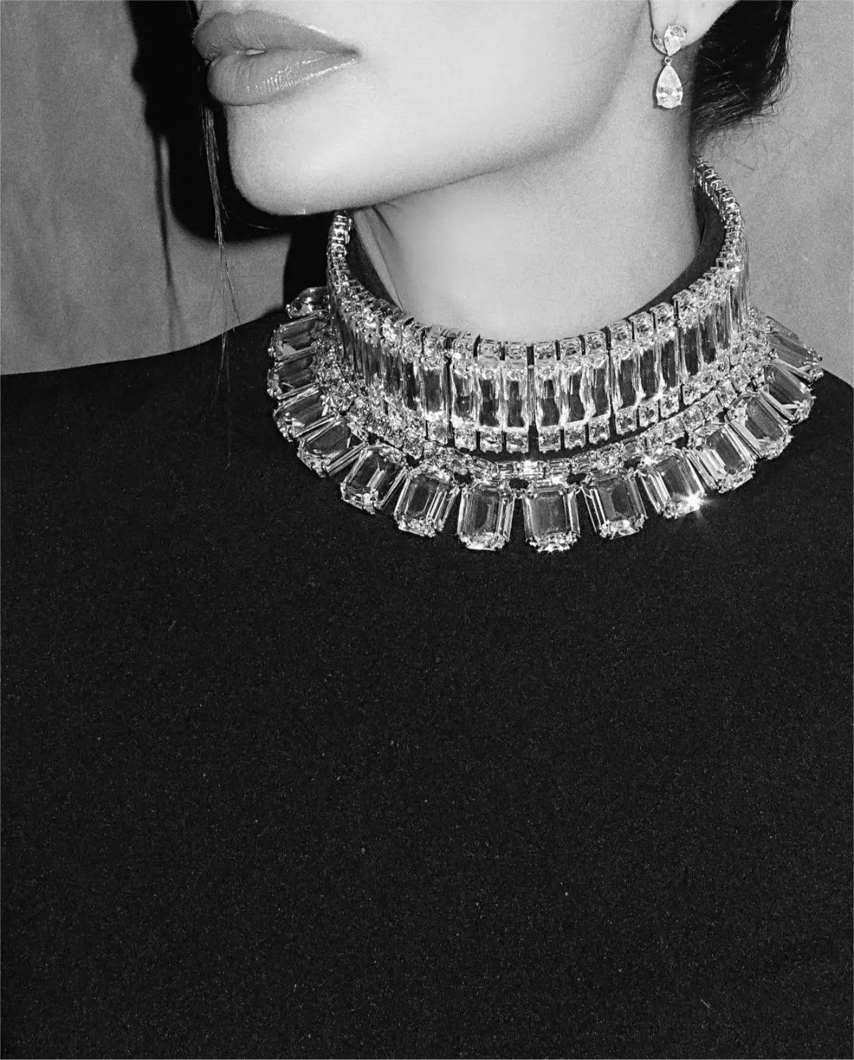 Shining Diamonds Neck Flare Sleeve Black Long Bandage Dress