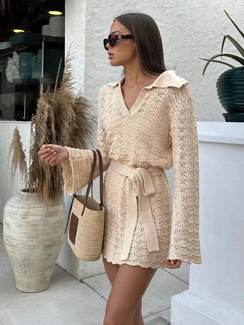 Shirt V-neck Bell Sleeve Hollow Out Knitted Belted Beach Mini - L / APRICOT - Other