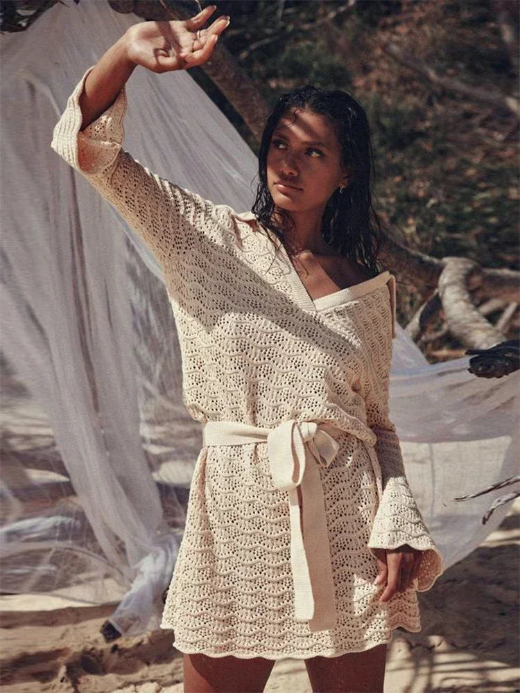 Shirt V-neck Bell Sleeve Hollow Out Knitted Belted Beach Mini - Other