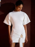 Short Sleeve Ruched Mini Dress Women - WHITE / L
