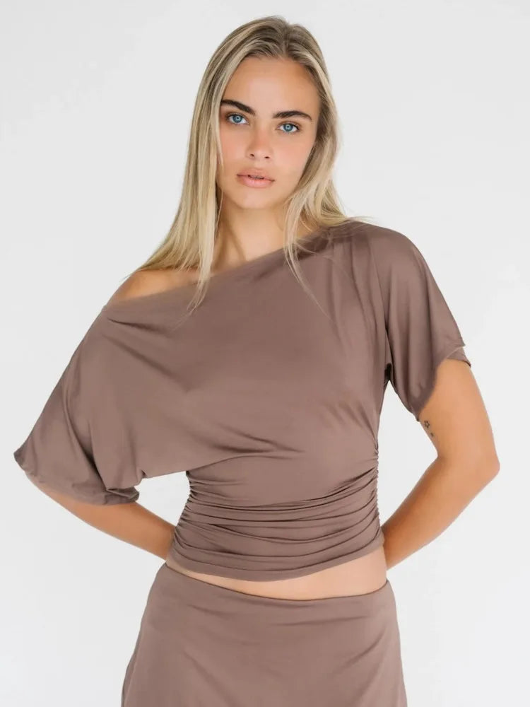 Shoulder T-shirt Tops For Women - Khaki / M