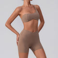 Shoulder Top Quick-drying With Chest Pad Sports Bra Seamless Yoga Clothes Shorts Cropped Pants Two-piece Suit - L 8