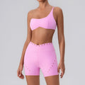 Shoulder Top Quick-drying With Chest Pad Sports Bra Seamless Yoga Clothes Shorts Cropped Pants Two-piece Suit - L 8
