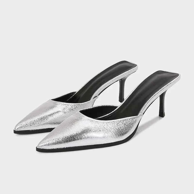 Silver Women's Slippers Pointed Toe Slide Sandals