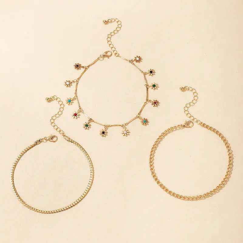 Simple Metal Flower Colorful Rose Pendant Tassel Anklet - 21839 Style - electronic accessories