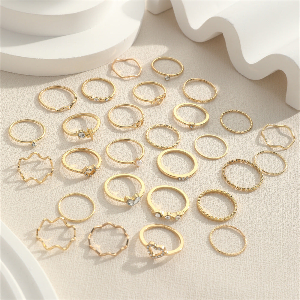 Simple Rhinestone Love Wave Ring 28-piece Set - electronic accessories