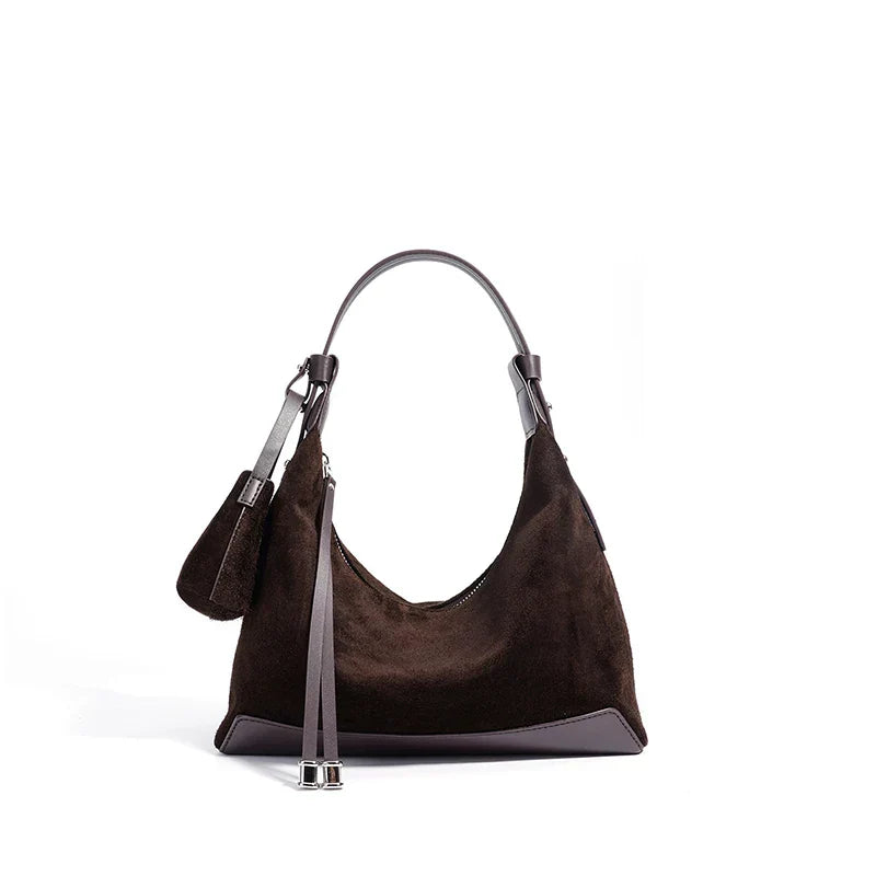 Simple Suede Leather Dumpling Bag - brown / 26X9X21CM