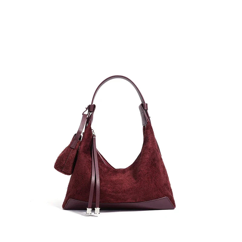 Simple Suede Leather Dumpling Bag - red / 26X9X21CM