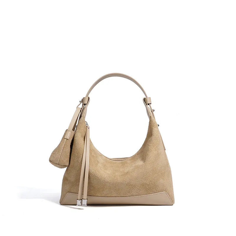 Simple Suede Leather Dumpling Bag - Vanilla color / 26X9X21CM