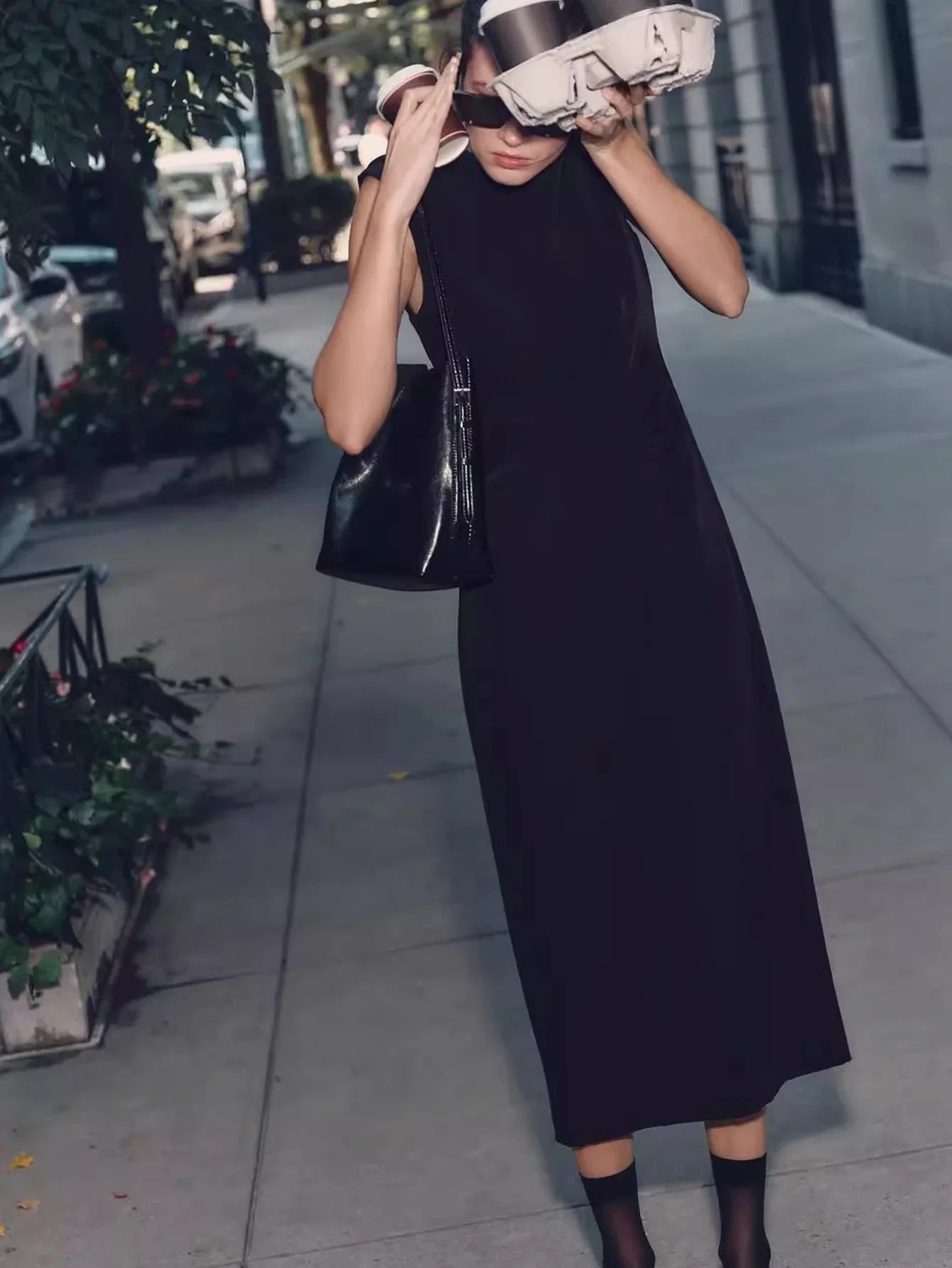 Simple Women’s Bag Black Double Strap Single Shoulder Atmospheric Handheld Crossbody Bucket - black / S