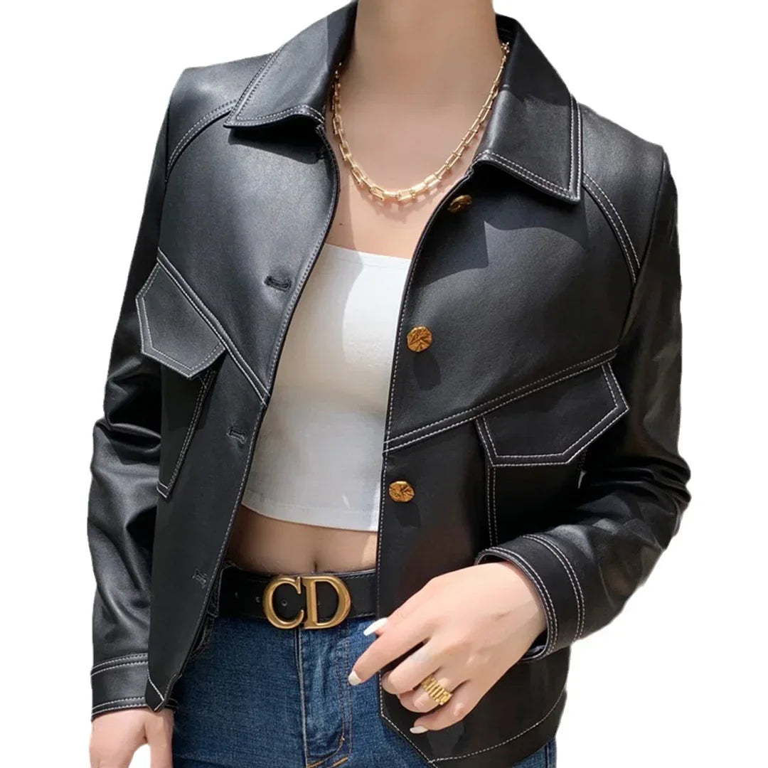Single Breasted Leather Jacket Women’s Short Slim Fit Motorcycle