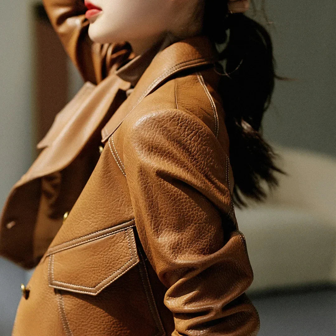 Single Breasted Leather Jacket Women’s Short Slim Fit Motorcycle