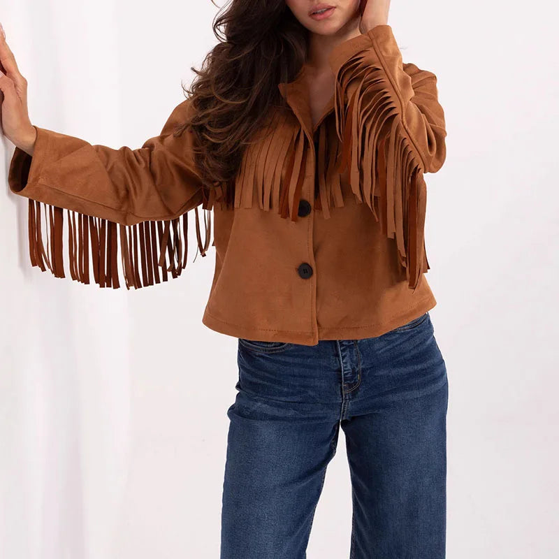 Single Breasted Tassel Women Jackets Vintage - 04 Brown / S