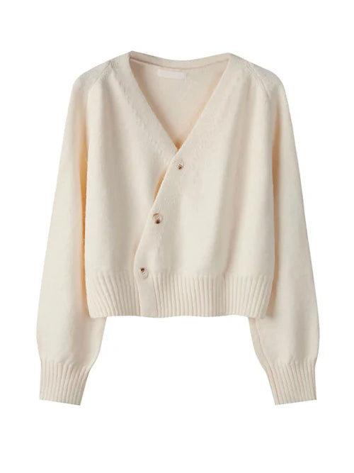 Skew Button Cardigan V-neck Sweater Women Knitted Long - Beige / One Size - Other