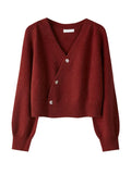 Skew Button Cardigan V-neck Sweater Women Knitted Long - One Size / Burgundy - Other