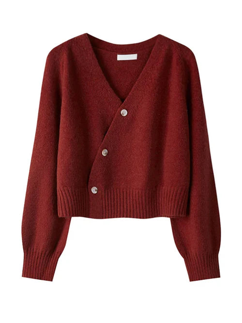 Skew Button Cardigan V-neck Sweater Women Knitted Long - One Size / Burgundy - Other