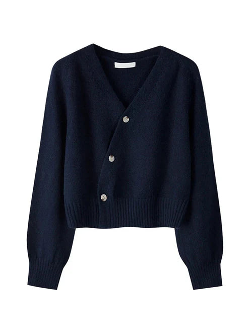 Skew Button Cardigan V-neck Sweater Women Knitted Long - One Size / Navy Blue - Other