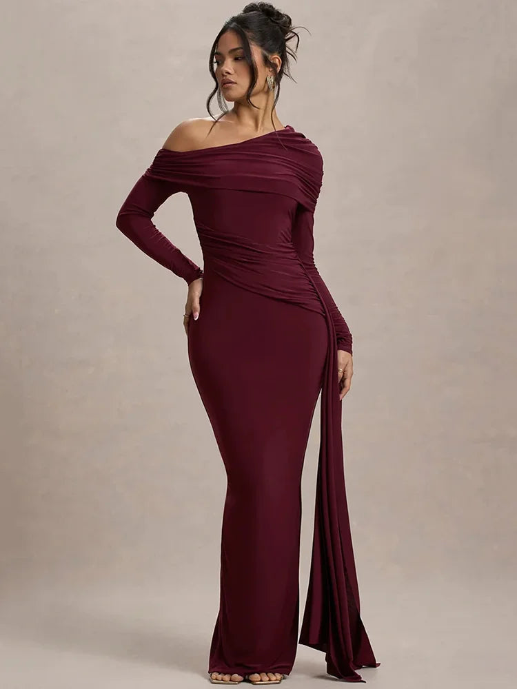 Skew Collar Long Sleeve Maxi Dress For Women
