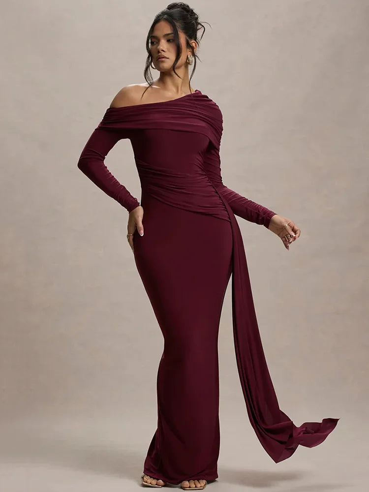 Skew Collar Long Sleeve Maxi Dress For Women