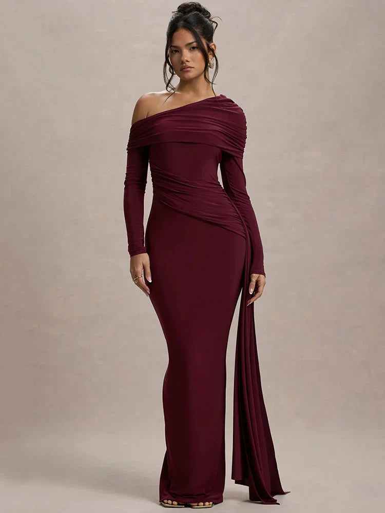 Skew Collar Long Sleeve Maxi Dress For Women
