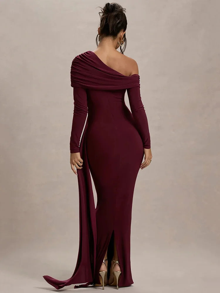 Skew Collar Long Sleeve Maxi Dress For Women