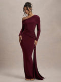 Skew Collar Long Sleeve Maxi Dress For Women - Burgundy / S
