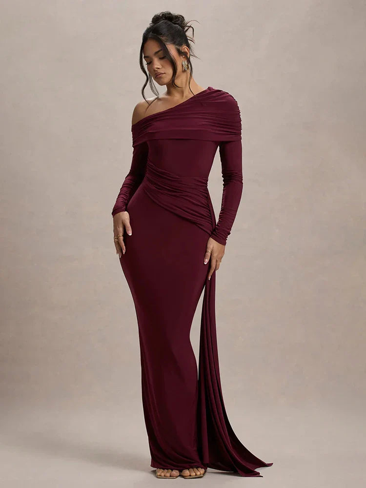 Skew Collar Long Sleeve Maxi Dress For Women - Burgundy / S