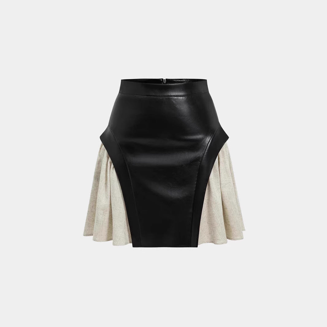 Skirt High Waist PU Stitching - Other